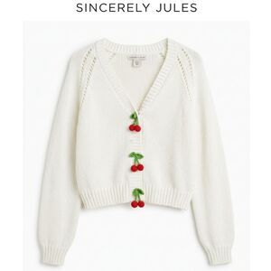 Sincerely Jules Chunky Knit Cherry Button Up Cropped Cardigan White Large